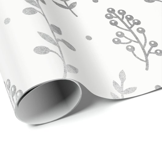 Floral Leafs Metallic White Silver Gray Delicate Cadeaupapier (Rol Hoek)