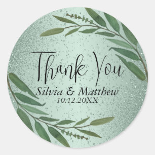 Floral Leaves en Mint Green Glitter - Dank u Ronde Sticker