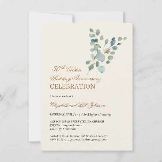 Floral Leaves Gold 50th Wedding Jubileum Kaart (Voorkant)