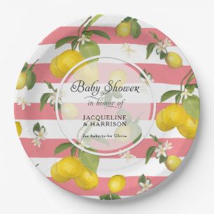 Floral Lemon Citrus Foliage Pink n White Stripe Papieren Bordje