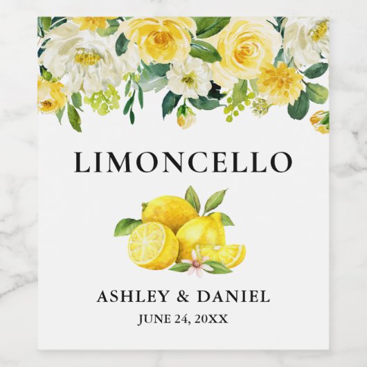 Floral Lemons Limoncello Mariage Étiquette bouteil (Étiquettes simples)