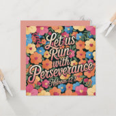 Floral “Let Us Run with Perseverance” Christian  Kaart (Voorkant / Achterkant in situ)