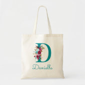 Floral Letter D Script Monogram Blauwgroen Roze Tote Bag (Voorkant)