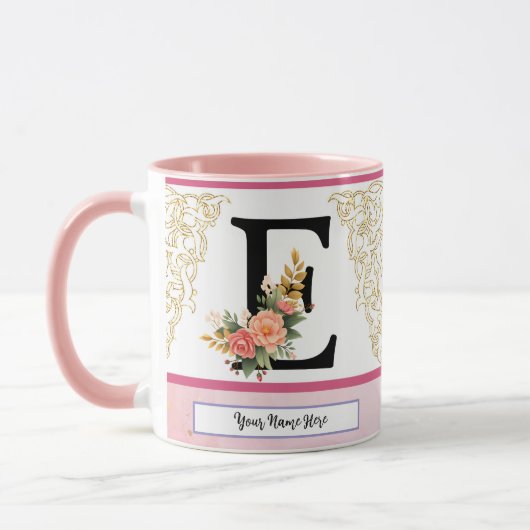 Floral Letter E Mug – Personalized Initial Cup wit (Gauche)