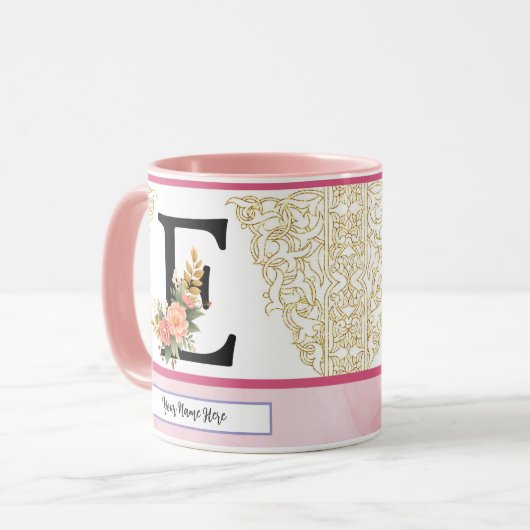 Floral Letter E Mug – Personalized Initial Cup wit (Devant gauche)