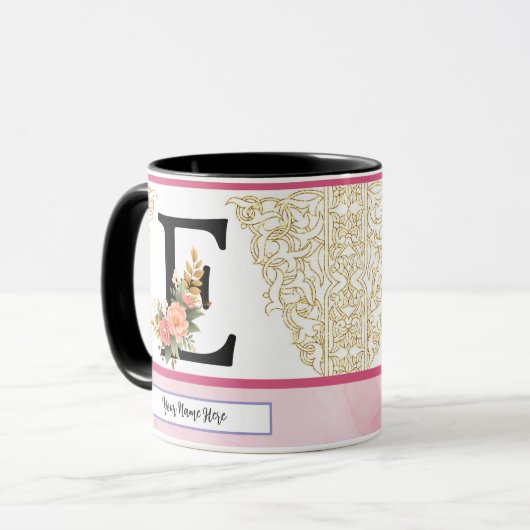 Floral Letter E Mug – Personalized Initial Cup wit (Devant gauche)