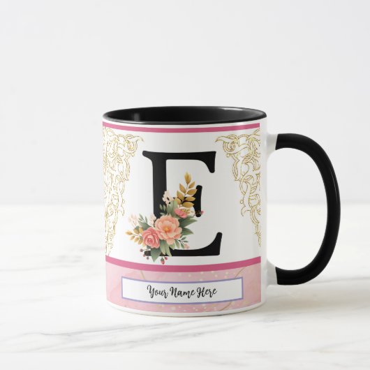 Floral Letter E Mug – Personalized Initial Cup wit Mok (Rechts)