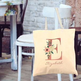 Floral Letter E Pink en Ivory Bouquet Tote Bag