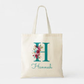 Floral Letter H Script Monogram Blauwgroen Roze Tote Bag (Achterkant)