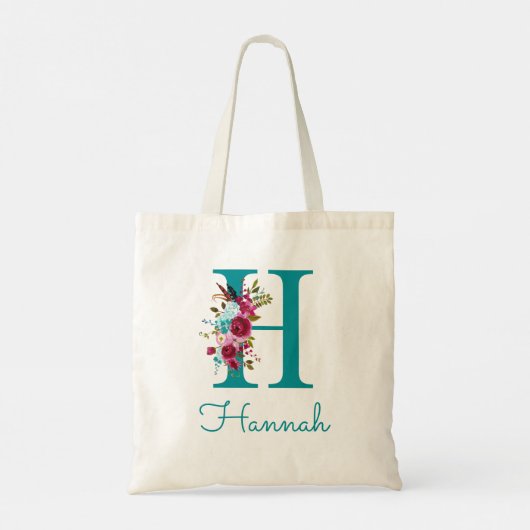 Floral Letter H Script Monogram Blauwgroen Roze Tote Bag (Achterkant)