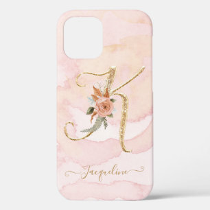 Floral Letter K Gold Script Monogram Waterverf iPhone 12 Hoesje