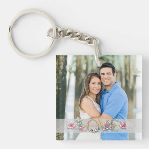 Floral Letter LOVE met paren Foto Namen Datum Sleutelhanger