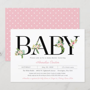 Floral Letters Pastel Pink Girl Baby shower Kaart