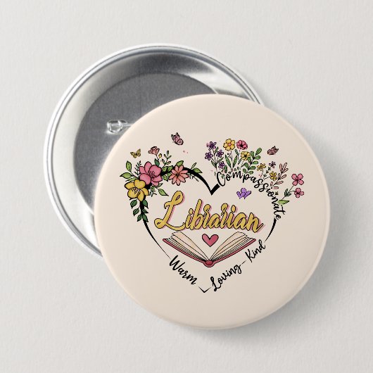 Floral Librarian Heart Ronde Button 7,6 Cm (Voorkant /achterkant)
