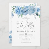 Floral Light Baby Blue QR-code in één bruiloft Kaart (Voorkant / Achterkant)