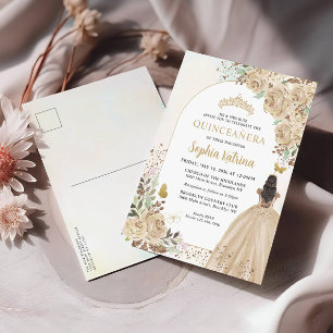 Floral Light Gold Princess Birthday Quinceanera Uitnodiging Briefkaart