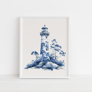 Floral Lighthouse – Coastal Blue op Beige Wall Art Poster