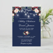 Floral Lights Wedding Blue Burgundy Waterverf Kaart (Staand voorkant)