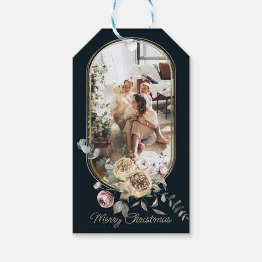 Floral Lijst kerstfeestdag Foto gepersonaliseerd Cadeaulabel (Voorkant)