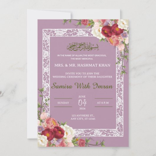 Floral Lilac Faire-part de mariage musulmane rose (Devant)