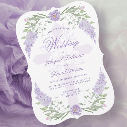 Floral Lilac Lavender Frame Religious Wedding Kaart