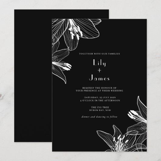 Floral Lilies Black and White Wedding Kaart (Voorkant / Achterkant)