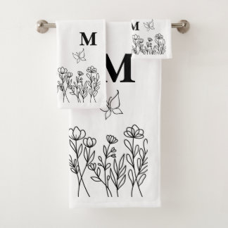 Floral Line Art Custom Monogram Bad Handdoek