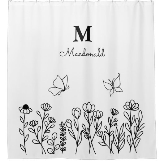 Floral Line Art Custom Monogram Douchegordijn (Voorkant)