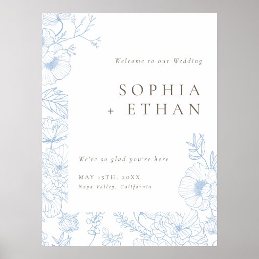 Floral Line Art Français Blue Mariage Affiche de b (Devant)