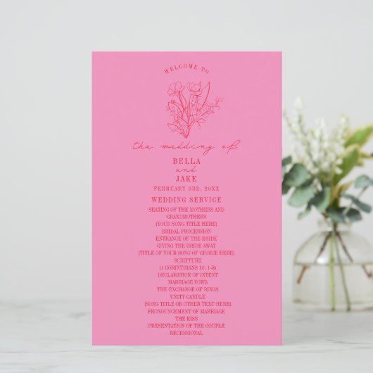Floral Line Art Rose Red Wedding Programme (Debout devant)