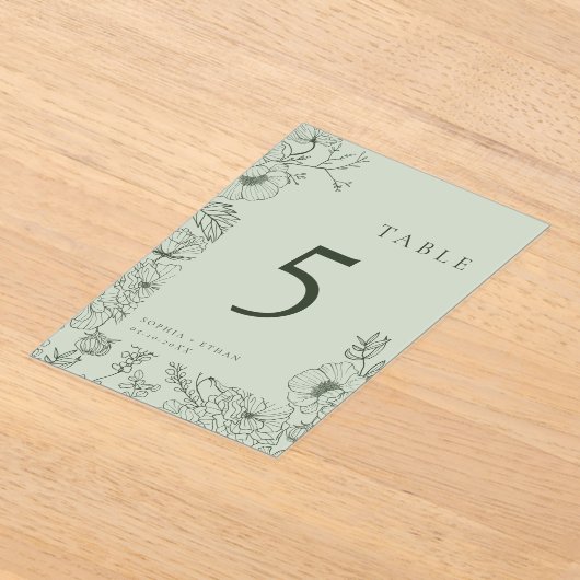 Floral Line Art Sage Green Mariage Numéro de table (Poser)
