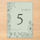 Floral Line Art Sage Green Mariage Numéro de table (Recto)