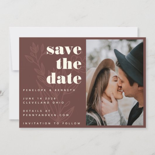 Floral Line Art Warm Rustic Photo Wedding Save The Date (Voorkant)