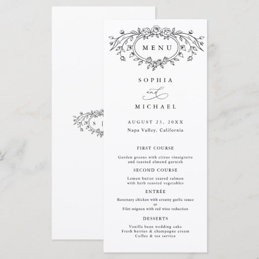 Floral Line Art Wedding Flat Menu (Devant / Derrière)