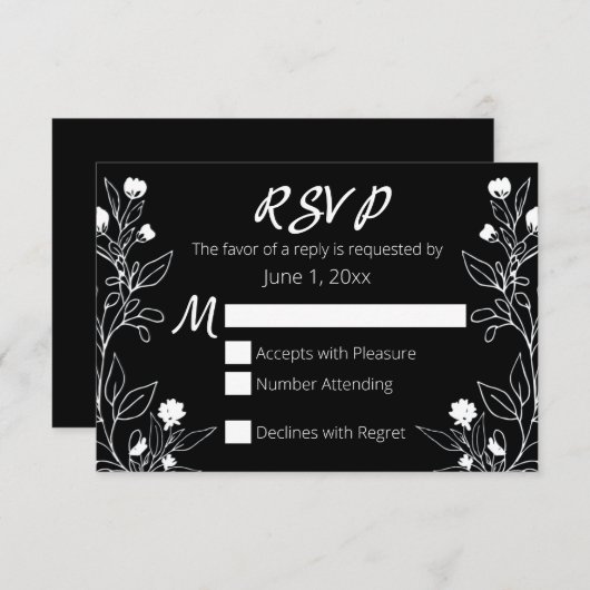 Floral Line Art White en Black RSVP (Voorkant / Achterkant)