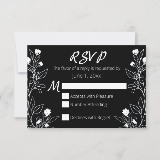 Floral Line Art White en Black RSVP Kaartje (Voorkant)