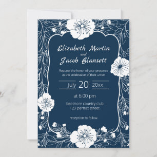 Floral Line Art White en Blue Wedding Invitation Kaart