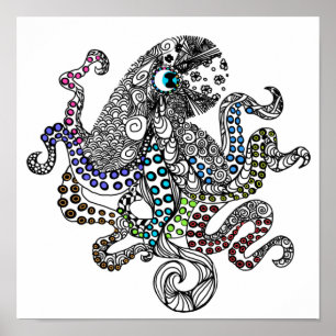 Floral line tangle octopus poster