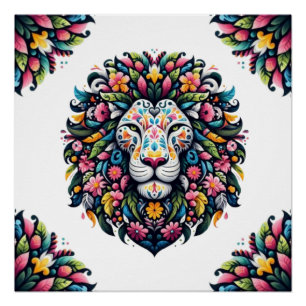 Floral Lion Silhouette Perfect Poster