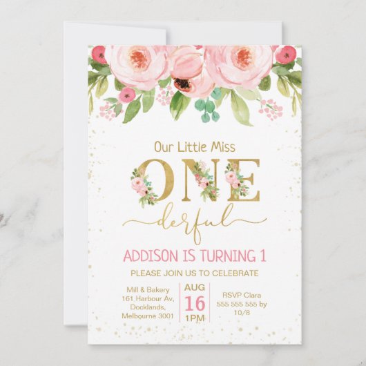 Floral Little Miss Onederday Invitation (Devant)
