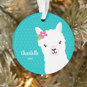 Floral Llama Alpaca Blauwgroen kerstfeest Ornament