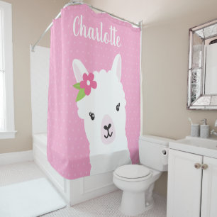 Floral Llama Alpaca Pink Aangepaste Kinderen Douchegordijn