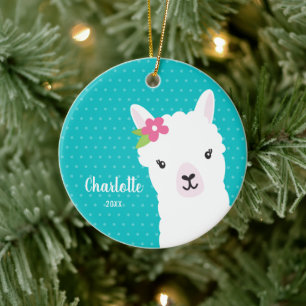 Floral Llama Alpaca Teal Girl Christmas Keramisch Ornament