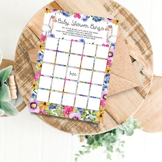 Floral Llama Baby shower Bingo Carte de jeu