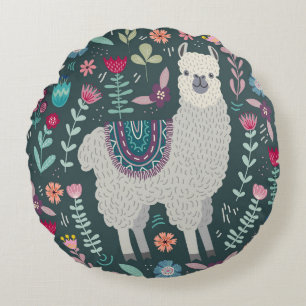 Floral Llama:  handgetekende Doodles Rond Kussen