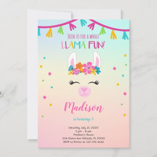 Floral Llama Invitation Anniversaire (Devant)