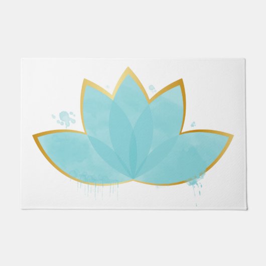 Floral Lotus Waterverf Seafoam Blue & Faux Gold Deurmat (Voorkant)