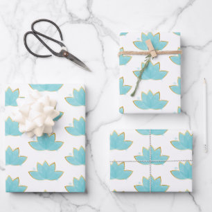 Floral Lotus Waterverf Seafoam Blue & Faux Gold Inpakpapier Vel