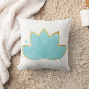 Floral Lotus Waterverf Seafoam Blue & Faux Gold Kussen