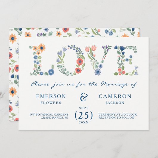 Floral LOVE Faire-part de mariage (Devant / Derrière)